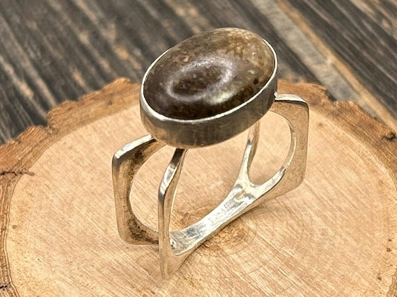 Mid Century Modern Petoskey Stone Ring Sterling Silver Unisex Brutalist Jewelry
