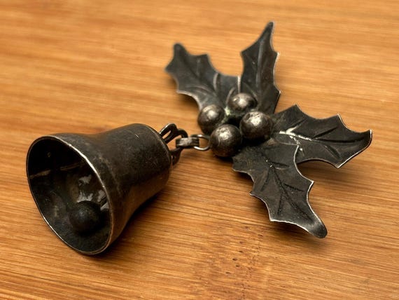Vintage Sterling Silver Taxco Holly & Bell Christmas Brooch