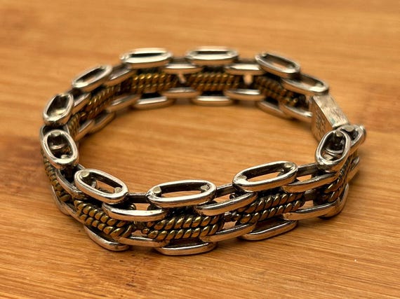 Heavy Mexican Silver & Brass Bracelet 7 Inch Taxco Two Tone Link