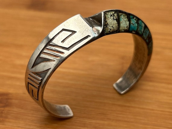 Vintage Navajo Turquoise Inlay Sterling Silver Cuff Bracelet, Marked Lonn P. DC