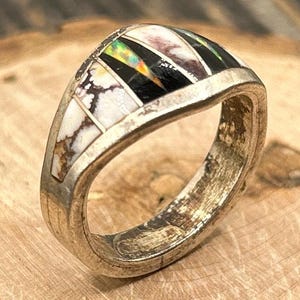 Vintage Navajo Inlay Onyx, Opal & Wild Horse Ring, Size 7.75, Sterling Silver, Signed V, Southwestern Band