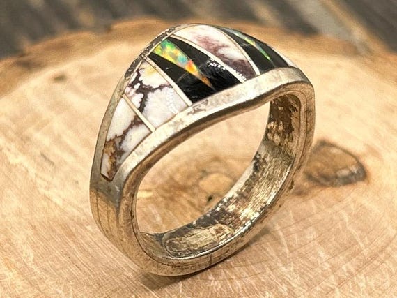 Vintage Navajo Inlay Onyx, Opal & Wild Horse Ring, Size 7.75, Sterling Silver, Signed V, Southwestern Band
