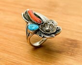 Exquisite Navajo Native American Sterling Silver Coral & Turquoise Ring, Floral and Feather Motif