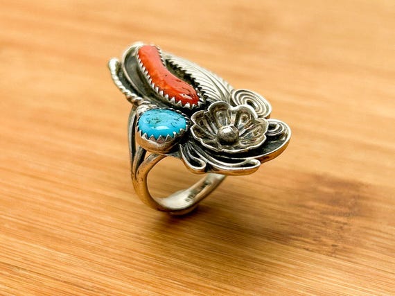 Exquisite Navajo Native American Sterling Silver Coral & Turquoise Ring, Floral and Feather Motif