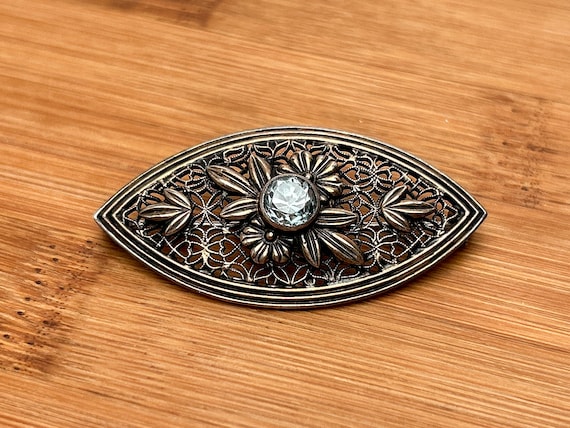 Vintage Sterling Silver & 12K Eye Shaped Brooch with Aquamarine Gem and Floral Accents