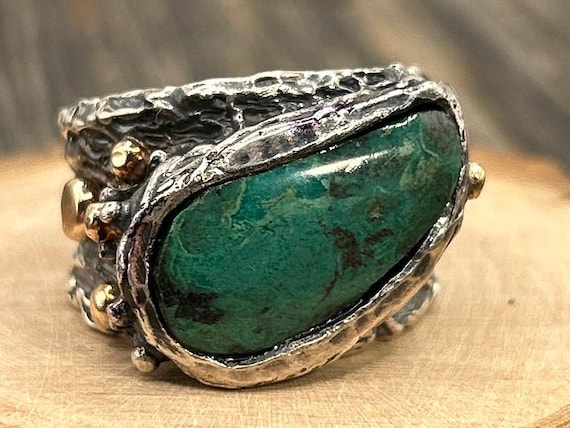 Brutalist Yesa 950 Silver 14K Gold Green Turquoise Wide Band Artisan Ring