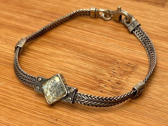 Vintage Sterling Silver Bracelet, Authentic Roman Glass,  Artisan Jewelry, Wheat Chain, Signed 925
