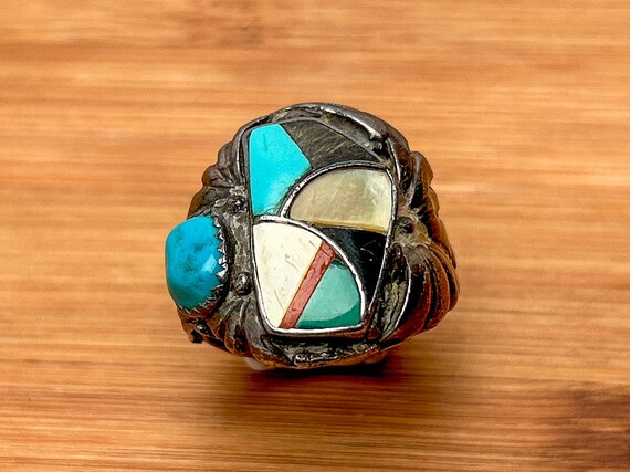 Vintage Sterling Zuni Inlay Ring - Turquoise, Abalone, Coral, Cobblestone Pattern, Artist-Signed "MH," Size 11, 9.75 Grams