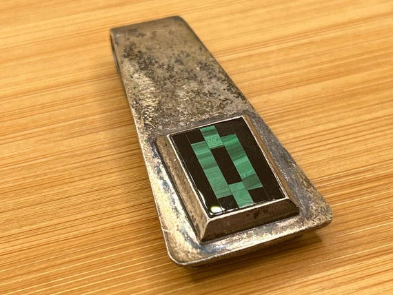 Taxco Sterling Silver Money Clip Malachite Onyx Inlay