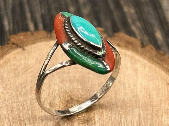 Zuni Inlay Ring Multi Stone Turquoise Coral Malachite Sterling Silver Vintage