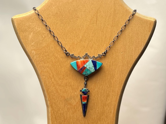 Signed Cecil Ashley Navajo Sterling Silver Inlaid Necklace, Master Silversmith