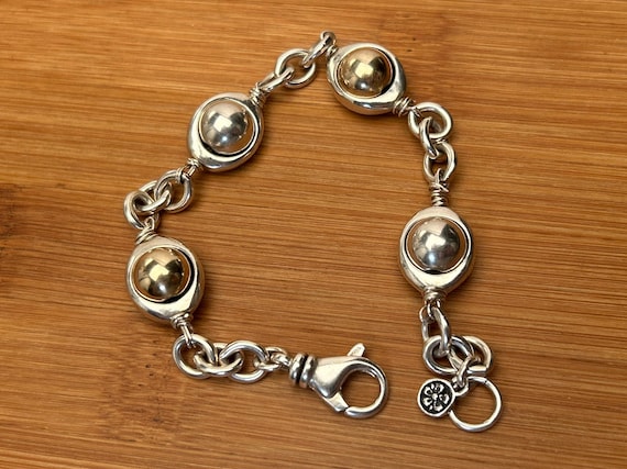 EK Designs Sterling Silver Gold Accent Orb Link Bracelet 8" Flower Tag