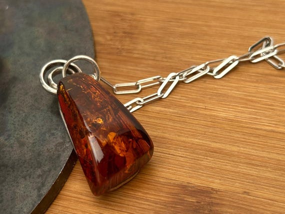 Vintage Elle Sterling Silver & Baltic Amber Pendant Necklace, 30", Paperclip Chain