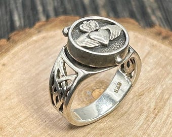 Vintage Sterling Silver Claddagh Poison Ring Locket Secret Compartment
