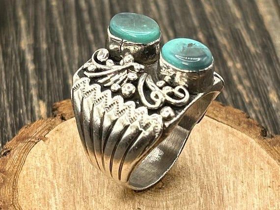 Navajo Frederick Chavez Sterling Silver Ring Size 13 | Two-Stone Turquoise Cluster Statement Ring