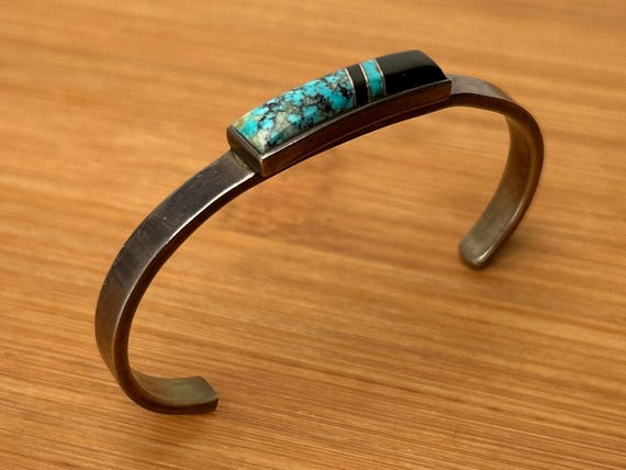 Authentic Navajo Sterling Silver Turquoise and Onyx Inlay Cuff Bracelet by Herbert & Veronic Thompson - Vintage Southwestern Art