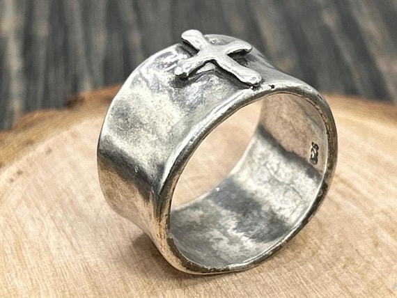 Rustic Sterling Silver Wide Concave Band Cross Ring Hammered Religious Jewelry