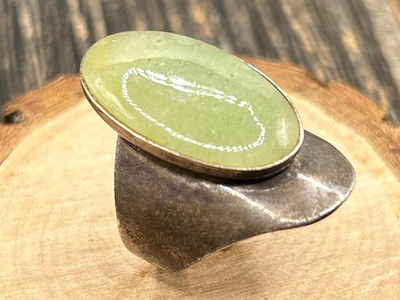 Vintage Taxco Sterling Silver Green Stone Ring, Resizable Size 8.5