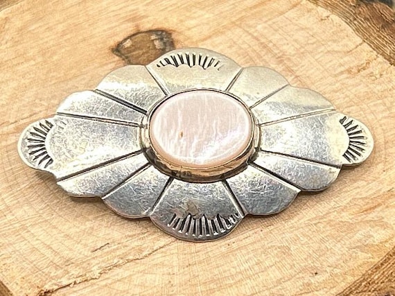 Vintage Sterling Silver Mother of Pearl Pin, Southwestern Jewelry, Native American, Artisan Signed