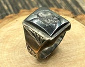 Mens Hematite Intaglio Ring, Gold Sides Sterling, Roman Soldier, Size 7.5