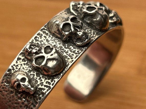 Sterling Silver Skull Cuff Bracelet Collins 925 Biker Gothic Jewelry