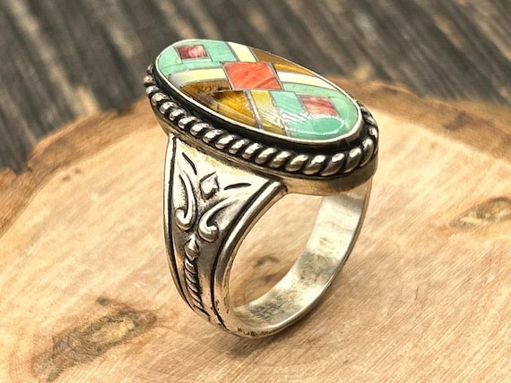 Southwestern Inlay Sterling Silver Ring, Multi-Stone Inlay Ring, Native American Style Jewelry, Size 9