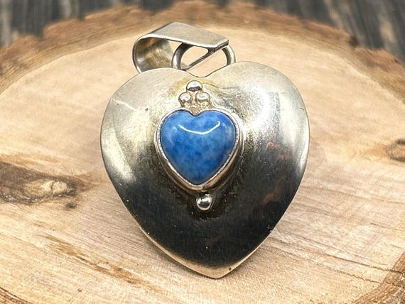Vintage Sterling Silver Heart Pendant with Lapis Lazuli Stone by T. Benally, Navajo Artist, Southwestern Jewelry