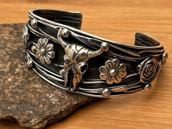 Taxco Mexico Bull Skull Flower Cuff Bracelet, Sterling Silver, Southwestern Jewelry