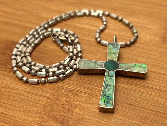 Stunning Vintage Otto Lucio Zuni Sterling Silver Iridescent Inlay Cross Pendant Necklace - Southwestern Artistry