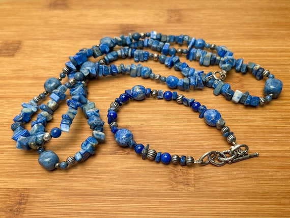 Carolyn Pollack Vintage Relios Lapis 925 Silver Necklace & Bracelet Set - 35" Necklace and Adjustable Bracelet