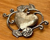 Vintage Sterling Silver Heart Brooch, Floral Vine Love Heart Pin, Romantic Jewelry Gift