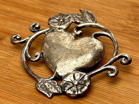 Vintage Sterling Silver Heart Brooch, Floral Vine Love Heart Pin, Romantic Jewelry Gift