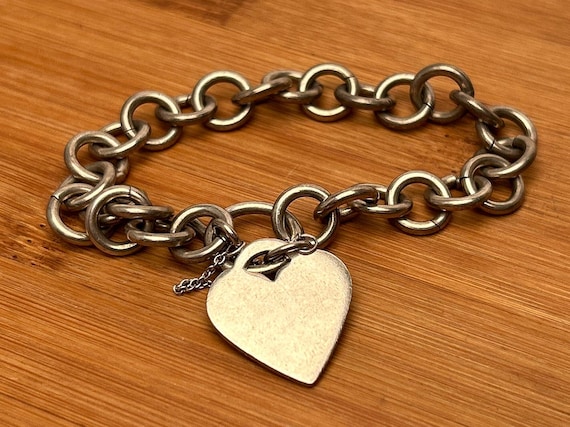 Vintage Sterling Silver Heart Charm Toggle Bracelet, 7.5", .925