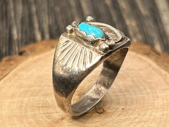 Vintage H Sterling Turquoise Ring | Southwest Native American Signet 10 1/4