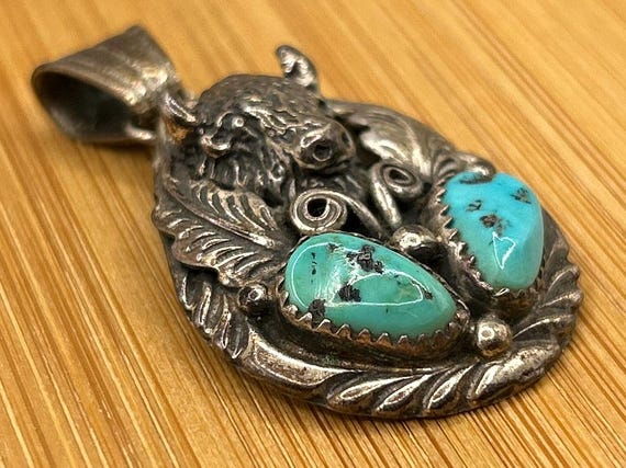 Sterling Silver Buffalo Turquoise Pendant by Navajo Artist Richard Begay