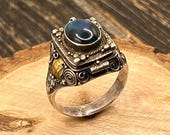 Vintage Sterling Silver Poison Ring with Locket, Ornate Swirls, and Labradorite-Like Gemstone