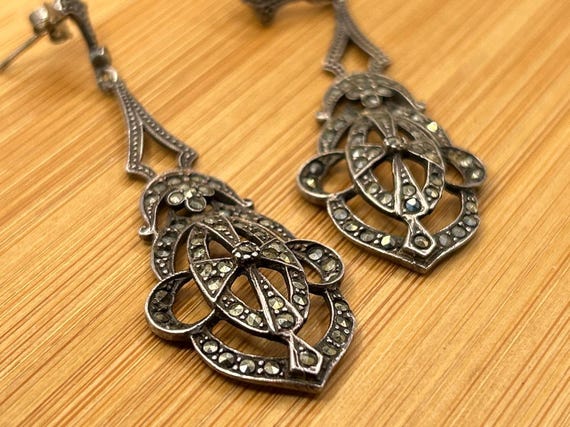 Sterling Silver Marcasite Long Dangle Earrings Art Deco Revival