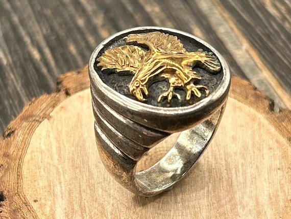 Ted Ott Vintage Two-Tone Eagle Signet Ring - Sterling Silver Size 12