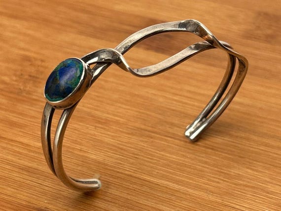 Vintage Sterling Silver Azurite Malachite Cuff Bracelet, Size 7, Artisan Crafted