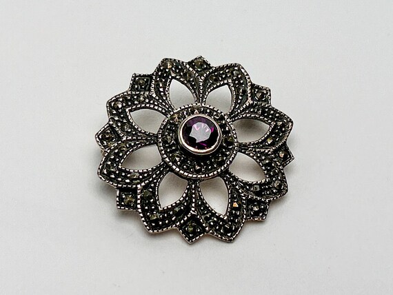 Vintage Sterling Silver Deep Purple Amethyst Marcasite Pin Wheel Brooch Pin