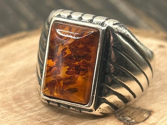 Vintage Baltic Amber Sterling Silver Signet Ring, Unique Statement Ring, Size 11 3/4