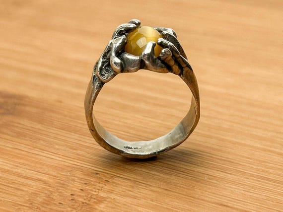 Vintage Tiger Eye Brutalist Hammered Ring - Organic Design, Halloween Jewelry, Statement Ring