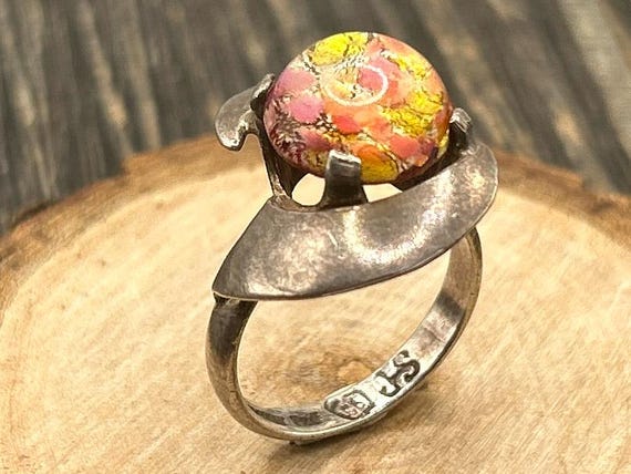 Dazzling Mexican Sterling Silver Art Glass Ring, Size 7.5