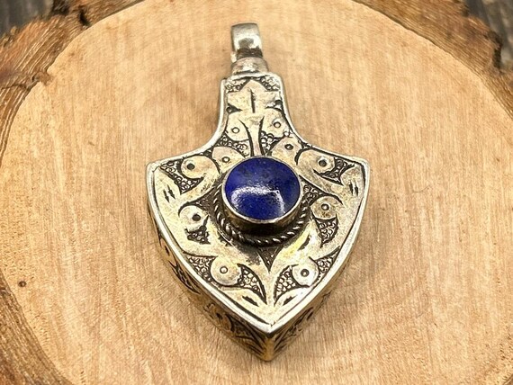 Vintage Tribal Amulet Pendant with Lapis Lazuli | Silver Plated Ethnic Jewelry | Handmade Shield Pendant