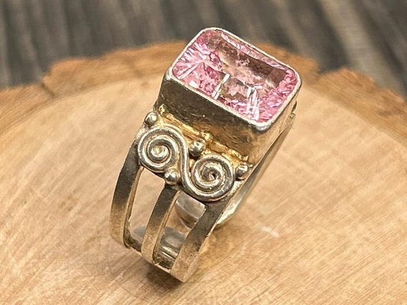 Sajen Sterling Silver Ring Pink Faceted Gemstone Bali Scroll Adjustable Size 6 Wide Band Statement 925 Jewelry