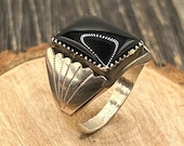 Stunning Vintage Sterling Silver Onyx Statement Ring, Size 10, Marked JCY