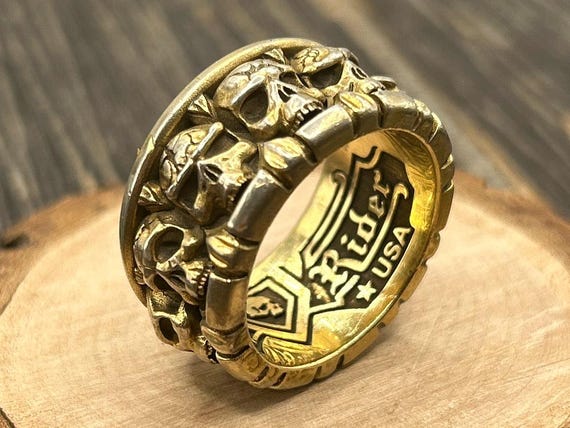 Gothic "All in the Family" Skull Band Ring, Heavy Sterling Silver Men's Biker Jewelry, Night Rider 925 USA