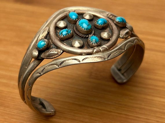 Vintage Navajo Sterling Silver Turquoise Cluster Cuff Bracelet by Mary S. Lew - Signed Collectible
