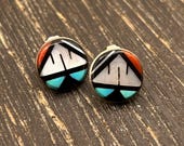 Vintage Zuni Sterling Silver Inlay Earrings, Turquoise Coral Onyx Mother-of-Pearl Jewelry, Native American Artisan Earrings