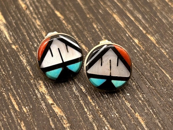 Vintage Zuni Sterling Silver Inlay Earrings, Turquoise Coral Onyx Mother-of-Pearl Jewelry, Native American Artisan Earrings